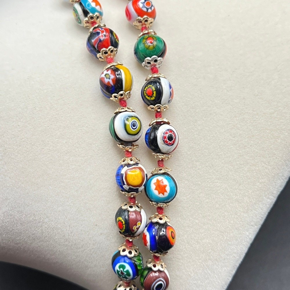Vintage Venetian Millefiori Glass Beaded Necklace Hand Knotted 24" - Picture 2 of 10